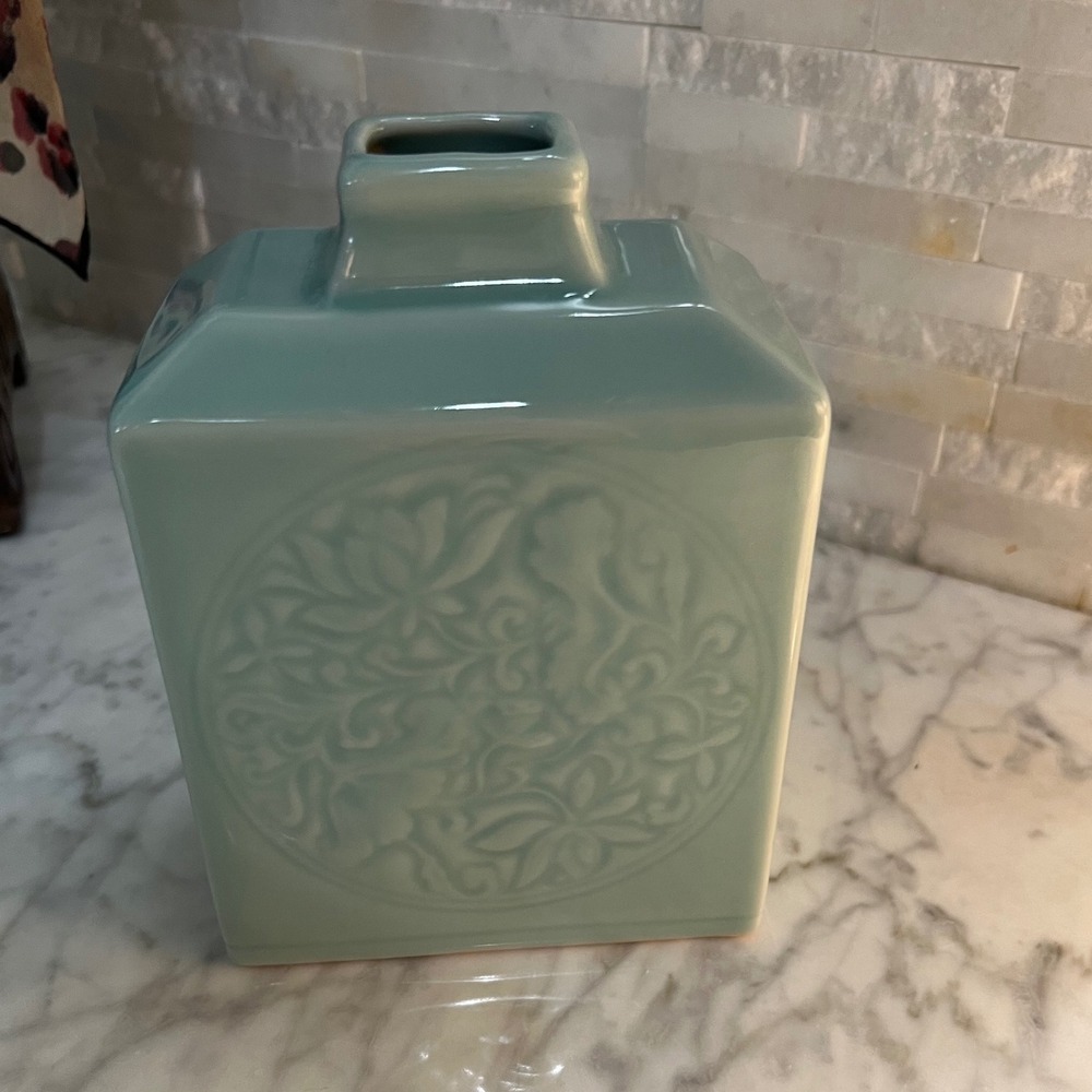 Decorative Celadon Ceramic Vase Rectangular Embossed Floral Green 8.5 Inch